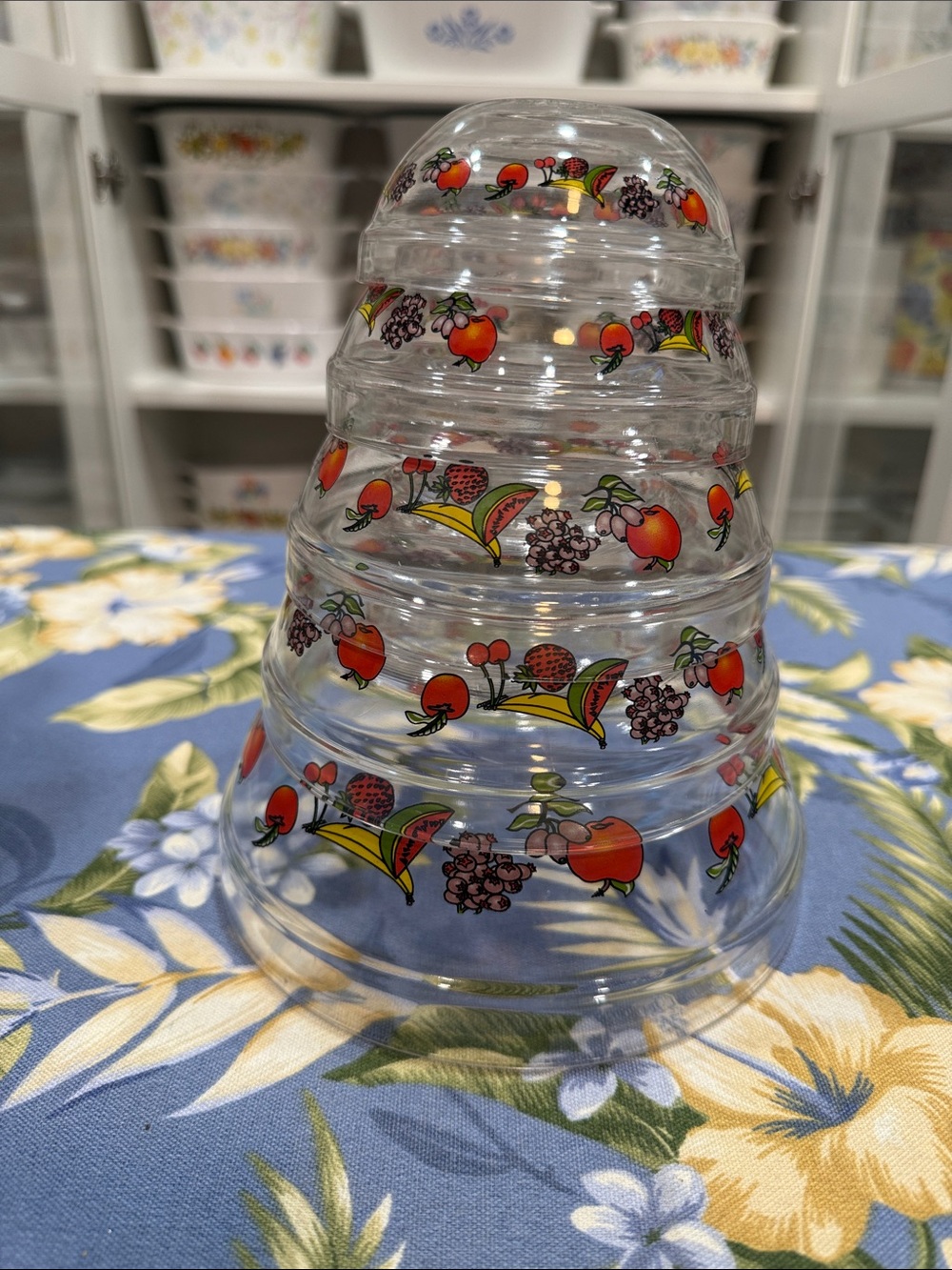 Set of Five Clear Glass Nesting Bowls with Red Fruit Motif - Home Accents Decor